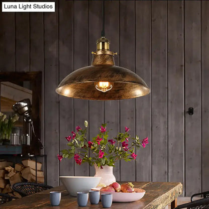 DecorBites wrought iron industrial pendant light with dome-shaped weathered brass shade and visible filament bulb for 110v-120v use
