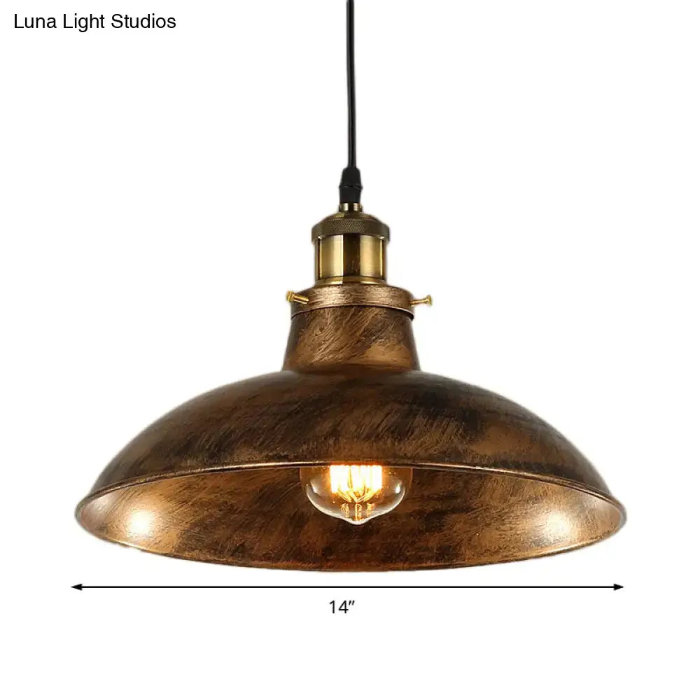 Industrial pendant light with distressed brass finish, visible edison bulb, wrought iron dome, compatible with 110v-120v and led bulbs