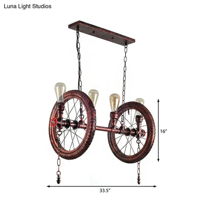DecorBites industrial hanging light kit with weathered copper bicycle wheel design and vintage Edison bulbs for dining room island