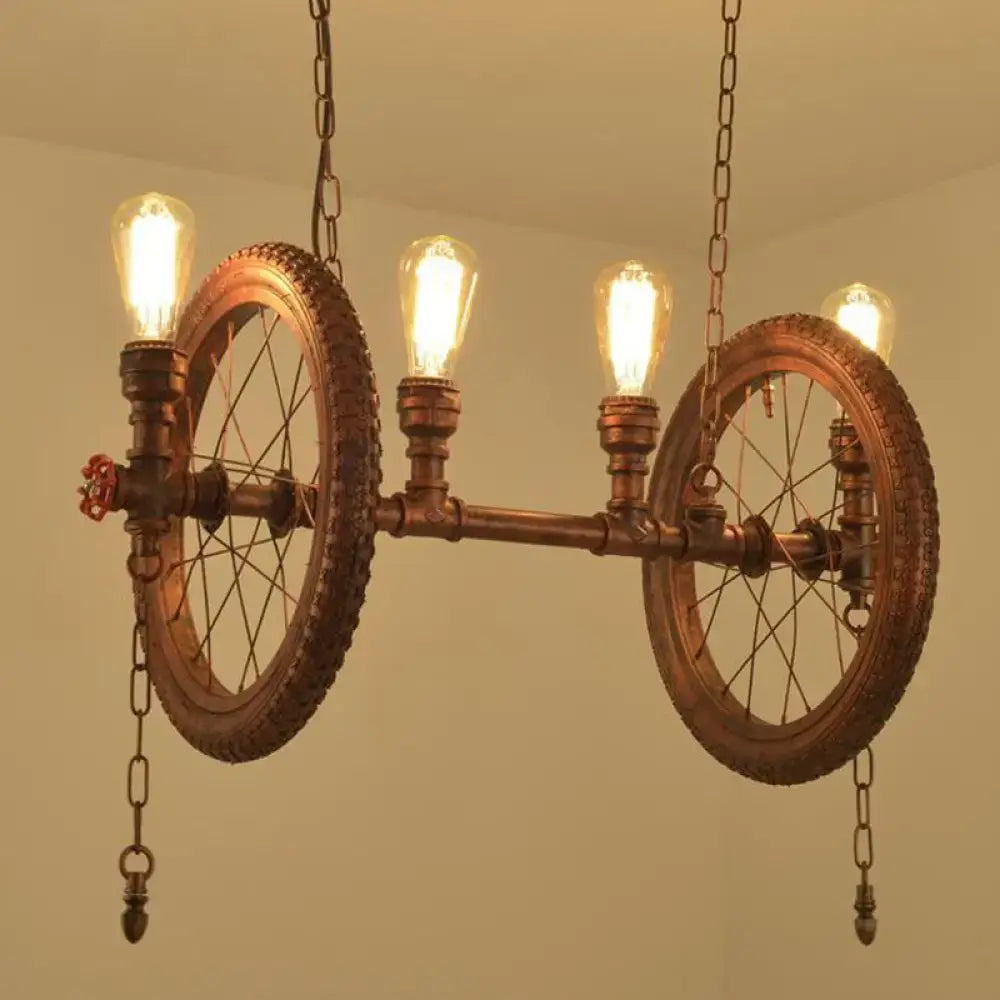 DecorBites™ industrial hanging light kit with vintage bicycle wheels copper pipe fittings and Edison bulbs for dining room island