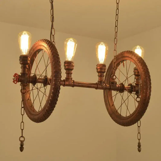DecorBites™ industrial hanging light kit with vintage bicycle wheels copper pipe fittings and Edison bulbs for dining room island