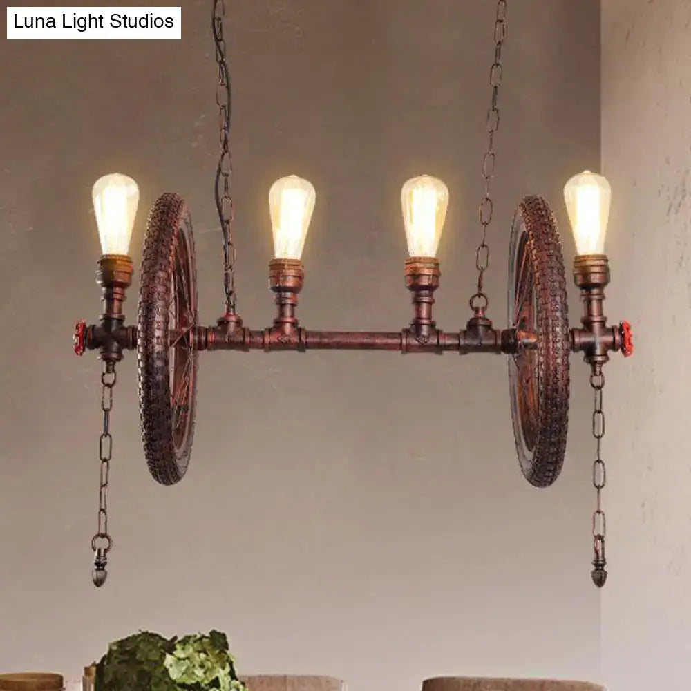 Decorbites industrial weathered copper hanging light kit with four edison bulbs and vintage bicycle wheel accents