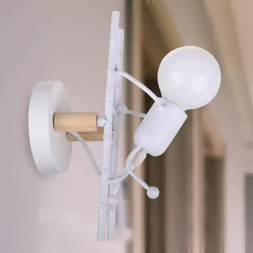 Industrial white and brass wall sconce with minimalist wooden stick figure design for decorbites industrial led lighting