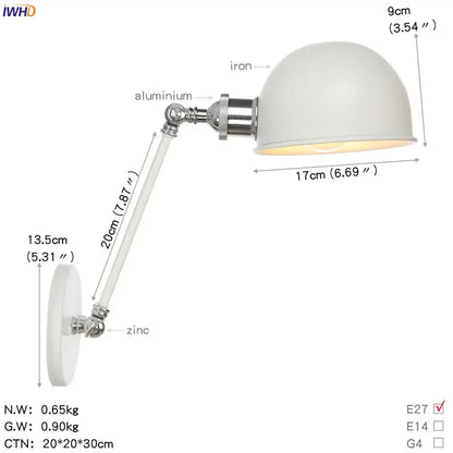 White matte dome wall sconce with chrome adjustable swing arm featuring zinc and aluminum decorbites adjustable swing