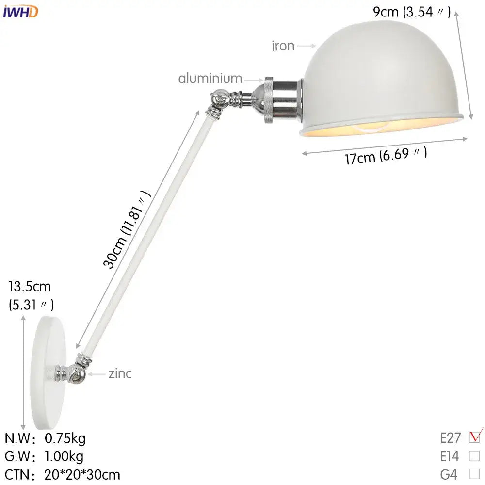 Industrial white and chrome wall sconce with decorbites adjustable swing arm and zinc base for bedroom decor