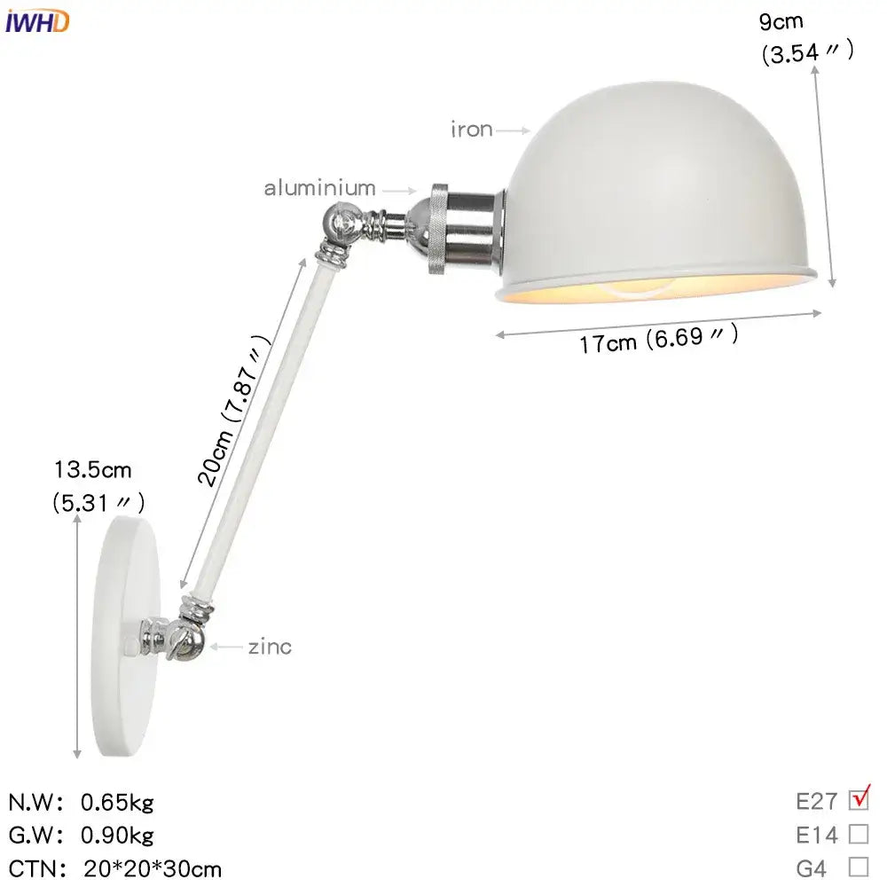 Industrial white and chrome adjustable swing arm wall sconce with white matte dome lampshade and zinc aluminum components