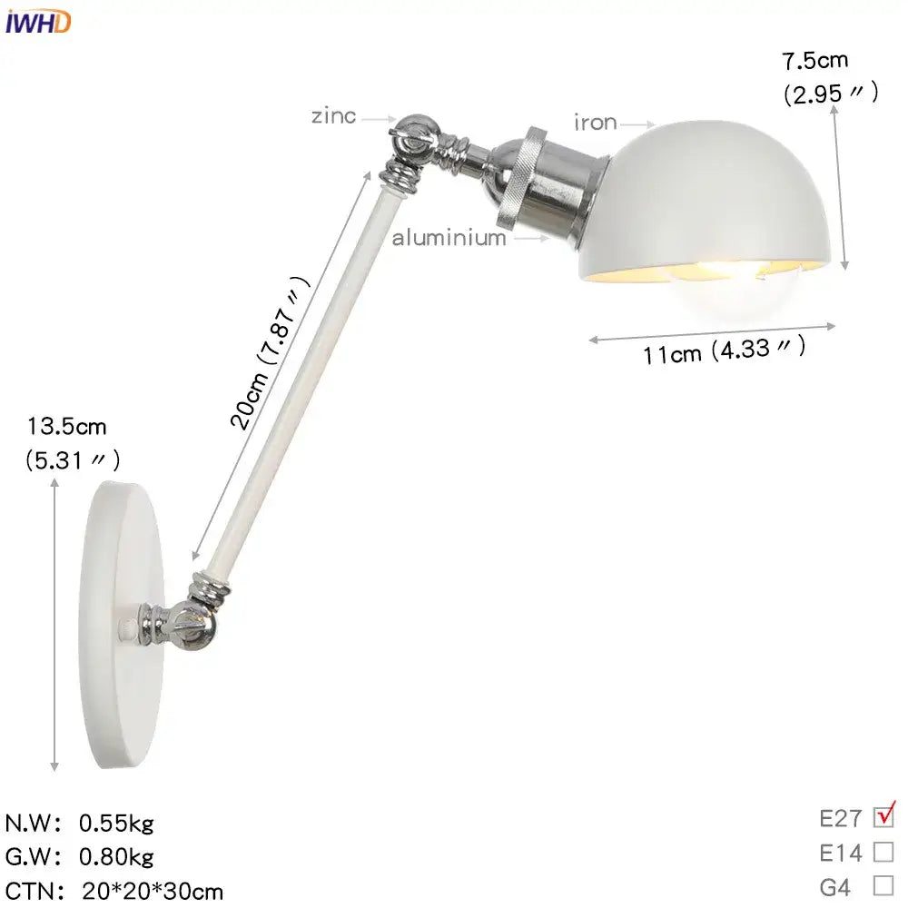 White dome-shaped wall sconce with chrome aluminum and iron adjustable swing arm featuring e27 bulb socket decorbites adjustable swing