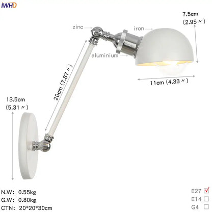 White dome-shaped wall sconce with chrome aluminum and iron adjustable swing arm featuring e27 bulb socket decorbites adjustable swing