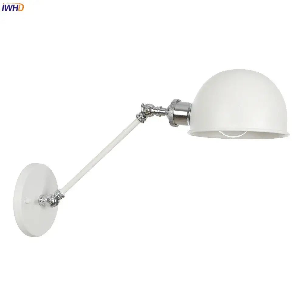 Industrial white and chrome adjustable swing arm wall sconce with white dome shade and chrome-finished articulated arm