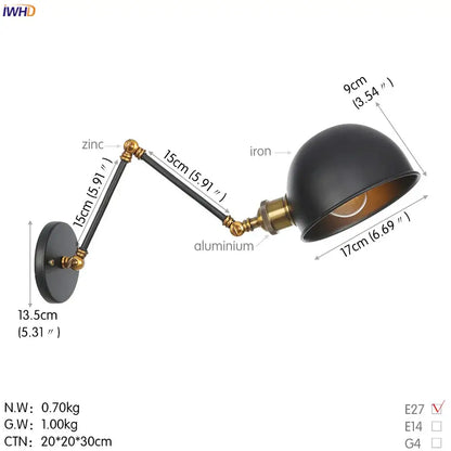 Industrial-style black and brass wall sconce with matte dome shade and decorbites adjustable swing arm for bedroom use