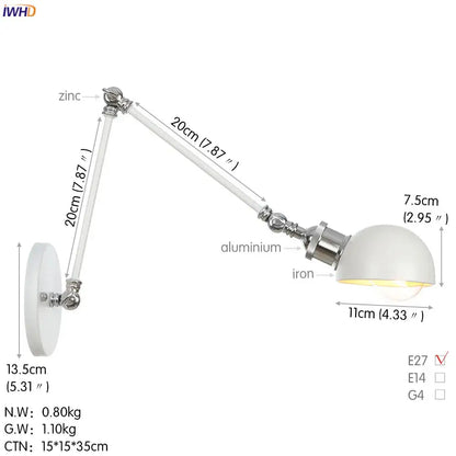 A sleek white dome wall sconce with chrome adjustable swing arm made of zinc aluminum and iron for bedroom decorbites