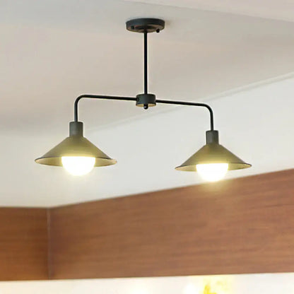 DecorBites™ black industrial pendant light with two warm conic shades and angle arm for kitchen island lighting