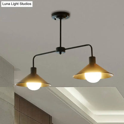 Decorbites industrial conic pendant light black metal with two warm brass shades and angle arm for kitchen island lighting