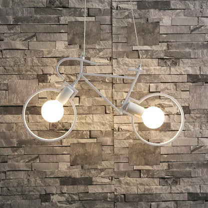 White metal iron bicycle pendant light with two exposed bulbs for living room decor and decorbites iron bicycle style