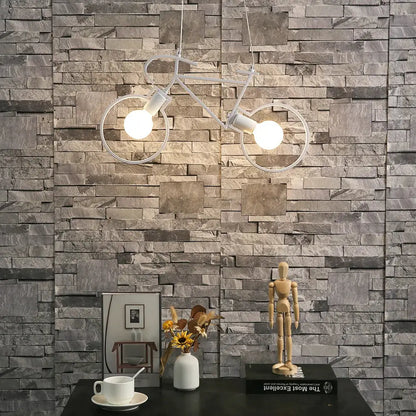 White iron bicycle pendant light with two exposed bulbs for industrial living room decor by decorbites iron bicycle