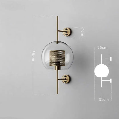 Brass-finished wall lamp with clear glass globe and perforated metal shade for decorbites industrial wind grid decor
