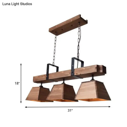 Rustic wooden industrial 3 light trapezoid chandelier with dark metal accents and chain suspension for dining room e26 e27 fixture width