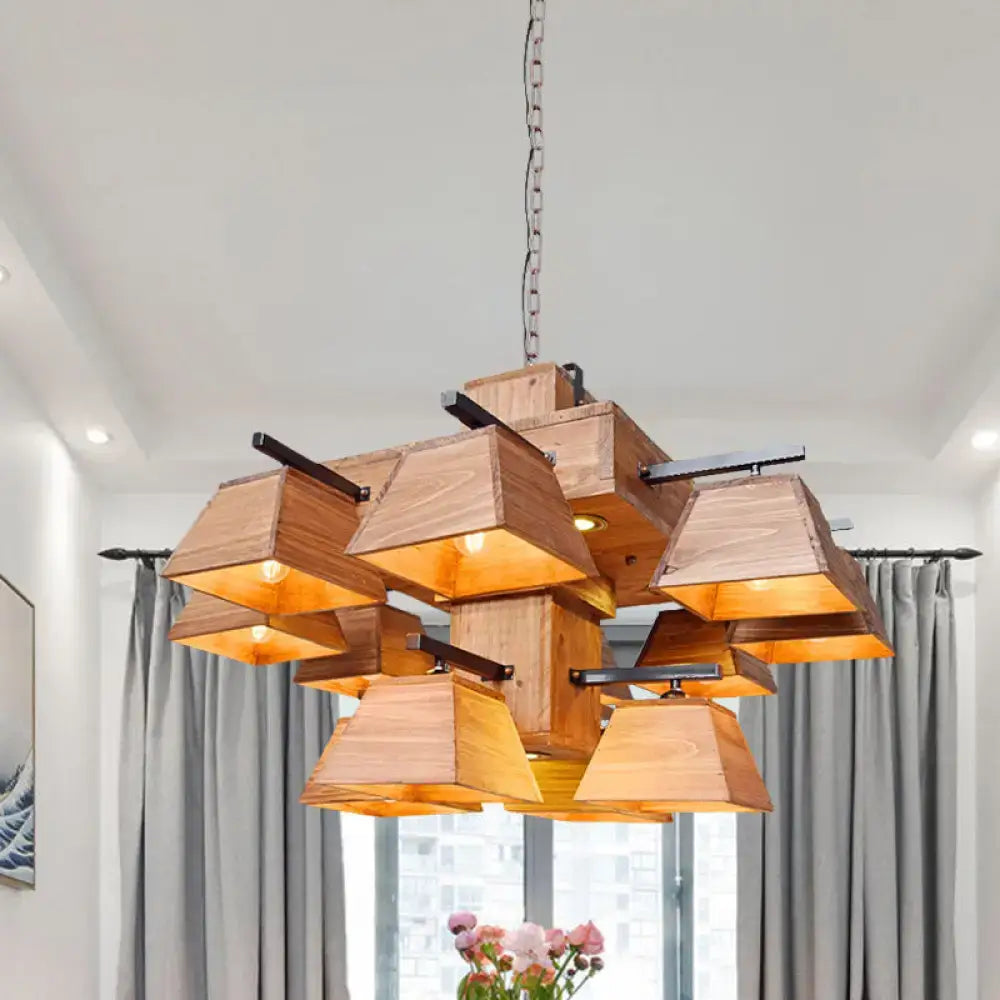 Industrial wood 3 light trapezoid chandelier with geometric wooden shades and metal chain for dining room e26 e27 fixture width