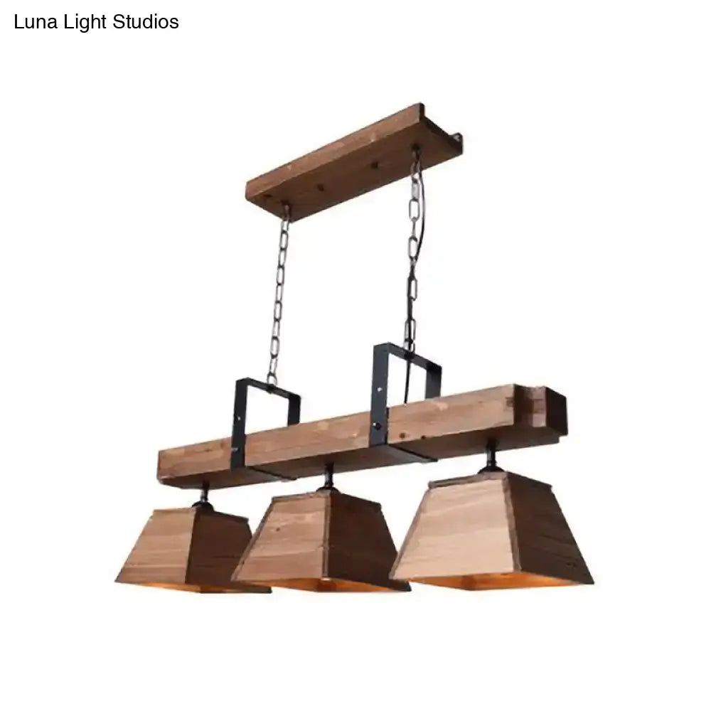 Rustic wooden three-light trapezoid chandelier with black metal accents and chain suspension for dining room e26 e27 fixture width