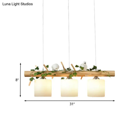 A rustic wooden pendant light with three milky glass shades and bird accents for coffee shop 220v-240v 110v-120v chain cord length