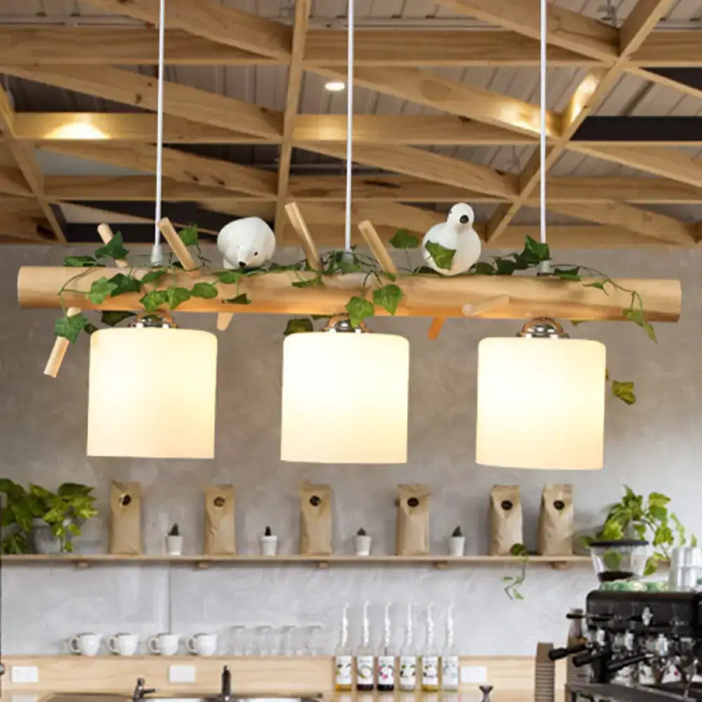Decorbites industrial 3-light hanging pendant with milky glass cylinders wooden stick and bird accent for coffee shop 220v-240v chain cord length