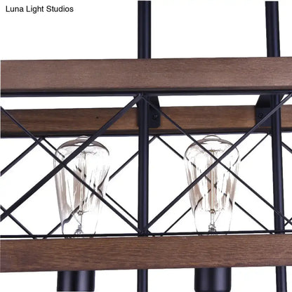 DecorBites™ vintage metal island lamp with black metal frame, warm wood slats, and two clear glass filament bulbs
