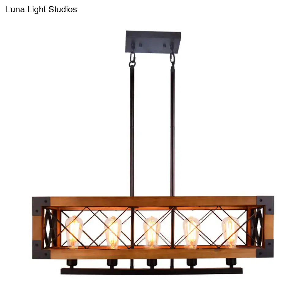 Industrial wood and black metal pendant light with rustic frame and five exposed edison bulbs for dining room use