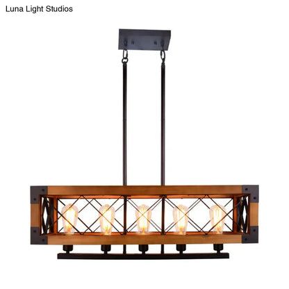 Industrial wood and black metal pendant light with rustic frame and five exposed edison bulbs for dining room use