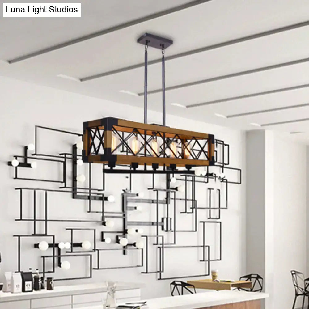 Industrial wood and black metal rectangular pendant light with rustic frame and exposed bulbs for dining room use