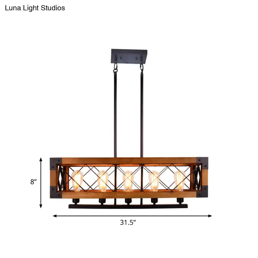 Industrial wood and black metal pendant light with rectangular frame and five exposed Edison bulbs for dining room