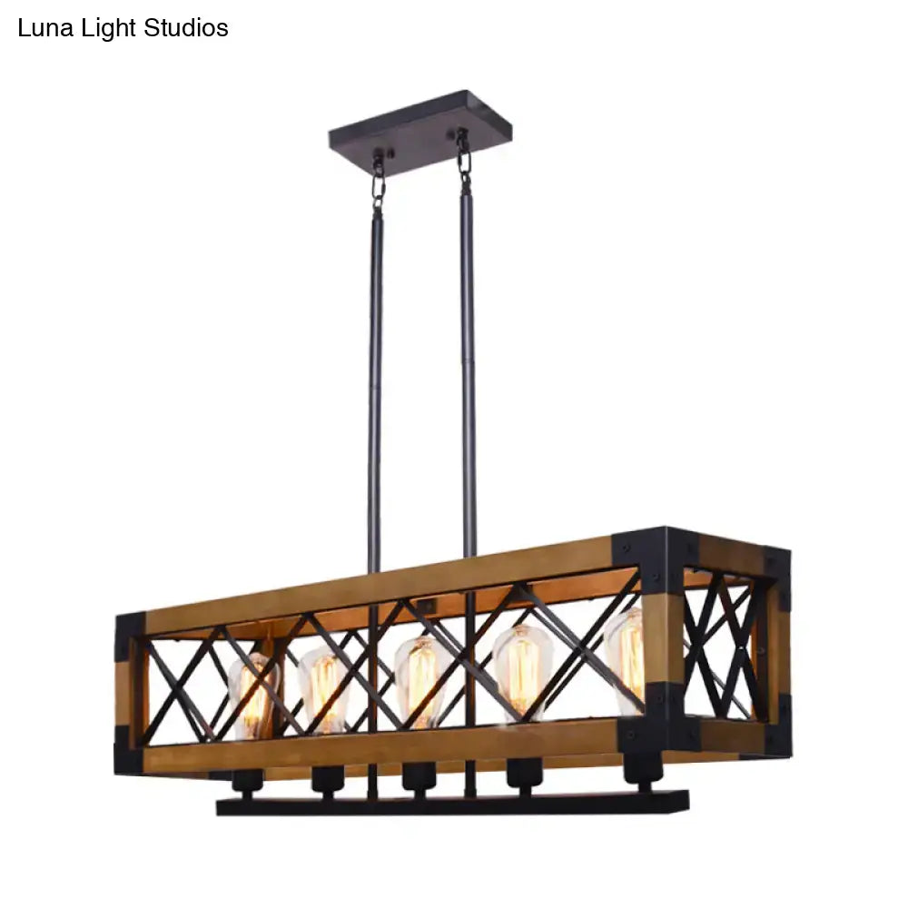 Industrial wood and black metal pendant light with rectangular frame and cross braced design for dining room use