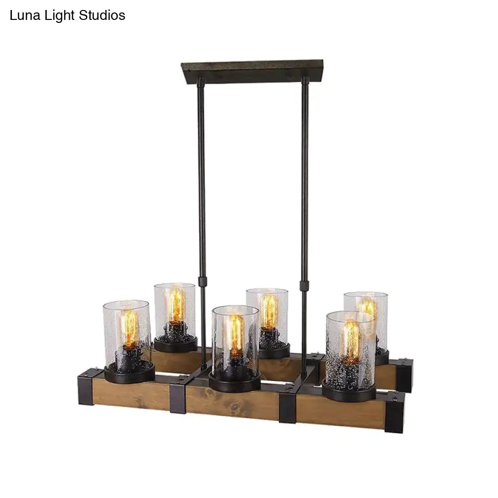 DecorBites™ traditional dining room pendant light with clear glass cylinders black metal and rustic wooden frame