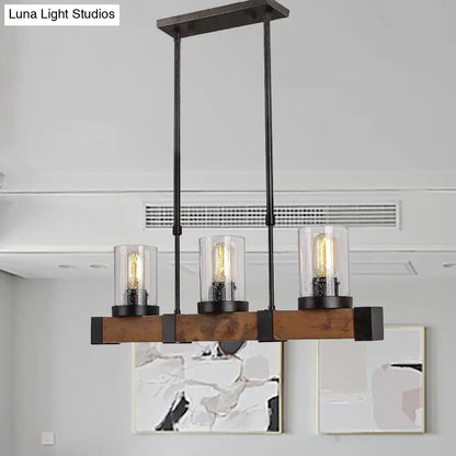 DecorBites™ traditional dining room pendant light with clear glass cylinders black metal frame and rustic wooden beam