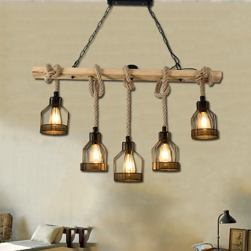 Decorbites™ hang-it-out farmhouse pendant lamp with rustic wooden beam beige rope and five metal cage lamps for restaurants