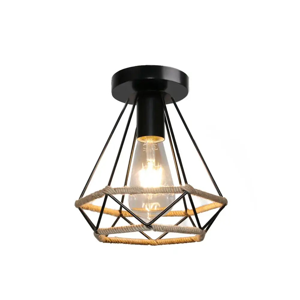 Black metal and rope cage ceiling light with exposed bulb for decorbites industrial vintage kitchen decor