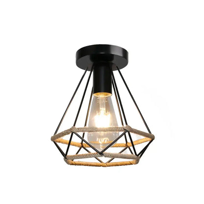 Black metal and rope cage ceiling light with exposed bulb for decorbites industrial vintage kitchen decor