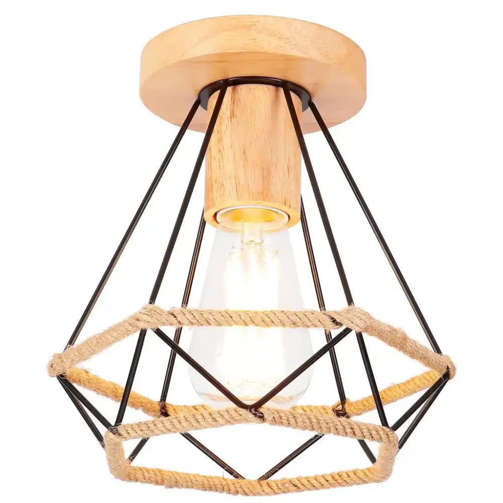 Rustic industrial vintage ceiling light with natural wood base black metal frame and beige rope accents for kitchen decorbites industrial vintage decor