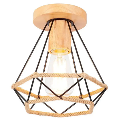 Rustic industrial vintage ceiling light with natural wood base black metal frame and beige rope accents for kitchen decorbites industrial vintage decor