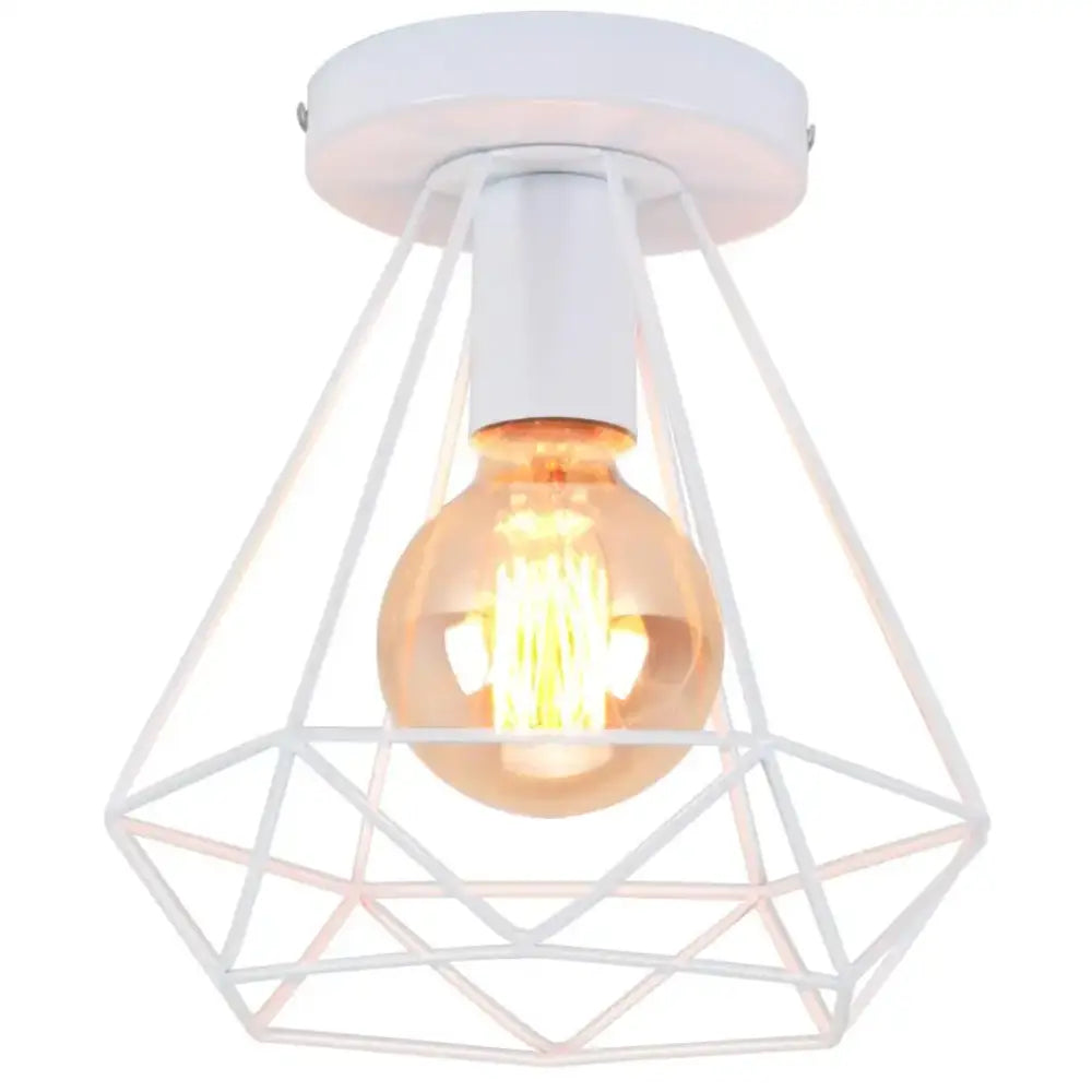 White geometric wire cage ceiling light with warm filament bulb for decorbites industrial vintage ceiling decor