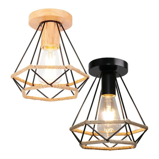 Two industrial vintage ceiling lights with natural wood and black metal finishes featuring beige rope cage decorbites ceiling light