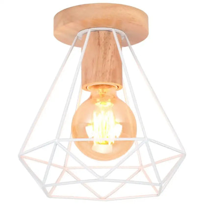 A warm-toned industrial vintage ceiling light with a geometric black wire cage and natural wood mount for decorbites decor