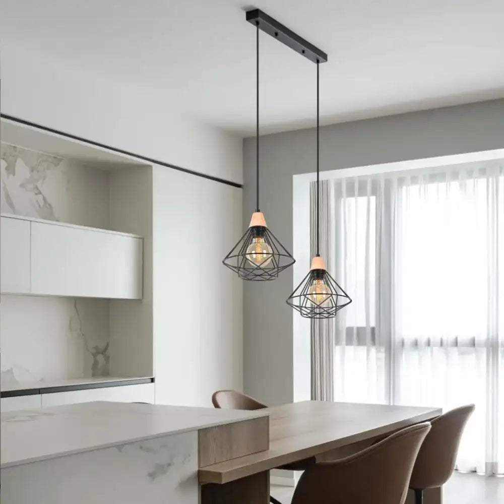 Black geometric wire ceiling chandelier with warm lampshades in decorbites industrial wood ceiling black metal cage design