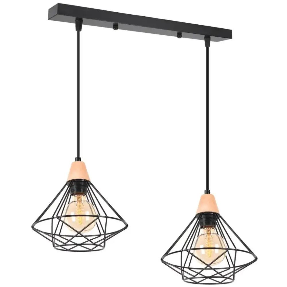 Industrial wood ceiling chandelier with black metal cage pendant lights and warm ceramic accents by decorbites industrial wood