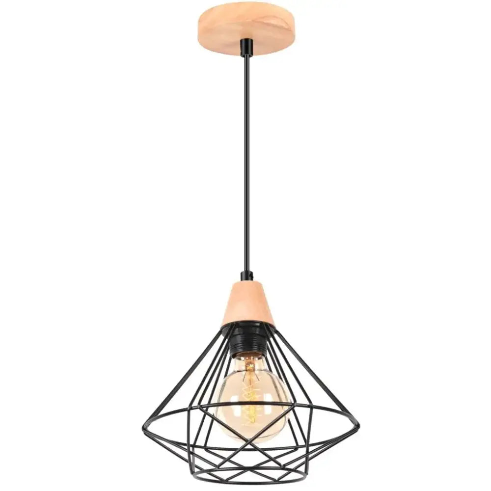 Industrial wood ceiling chandelier with black metal cage and warm wood base housing an exposed Edison bulb decorbites industrial wood