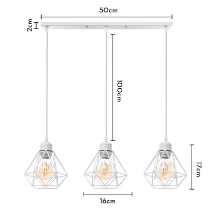 White geometric cage pendant light with three exposed filament bulbs decorbites industrial wood pendant for dining room