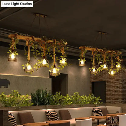 Industrial wood pendant light with rustic wooden beams metal lanterns and hanging green vines for dining room led chandelier 220v-240v