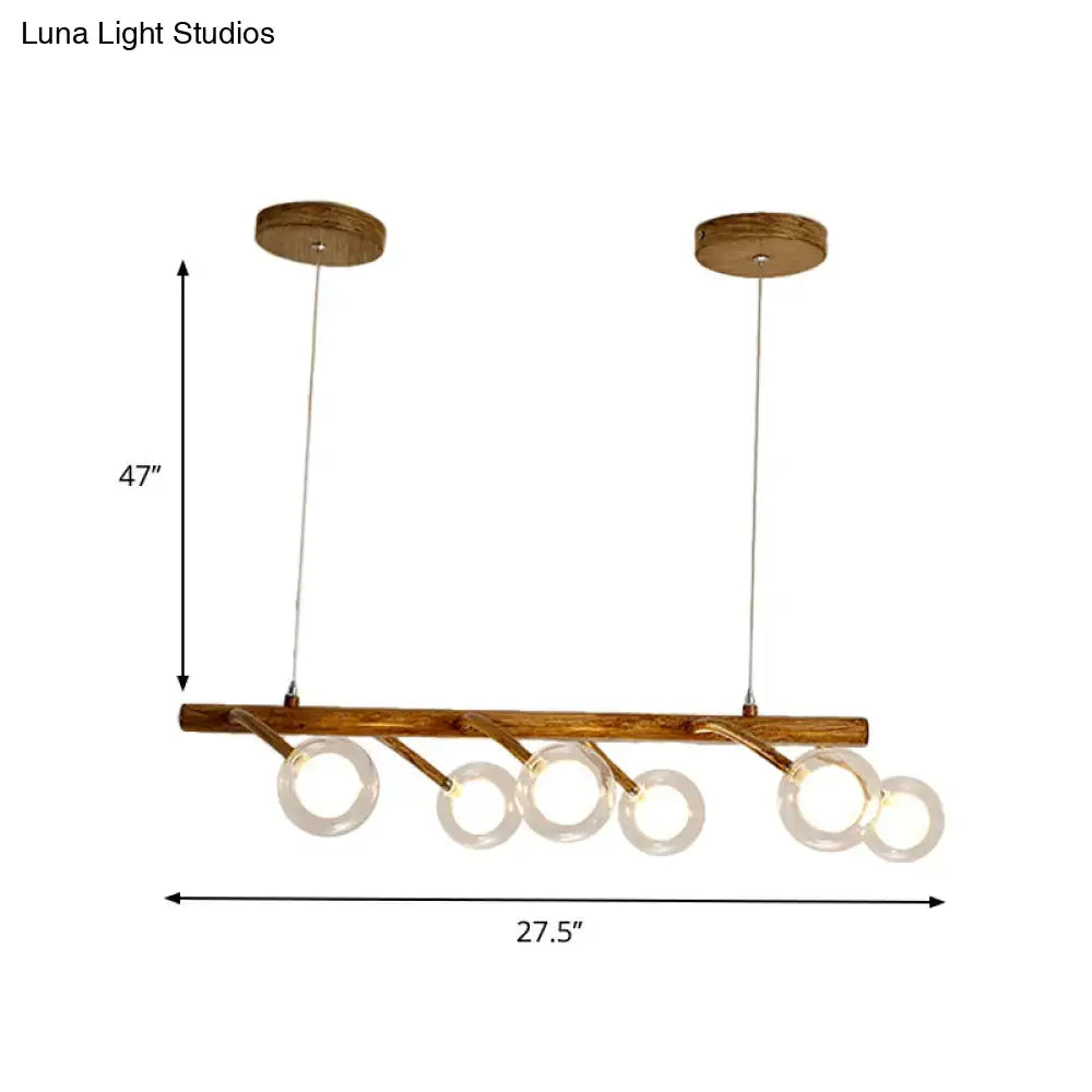 Modern DecorBites™ industrial wooden chandelier with modo clear glass shade and rustic brown wood for dining hall lighting