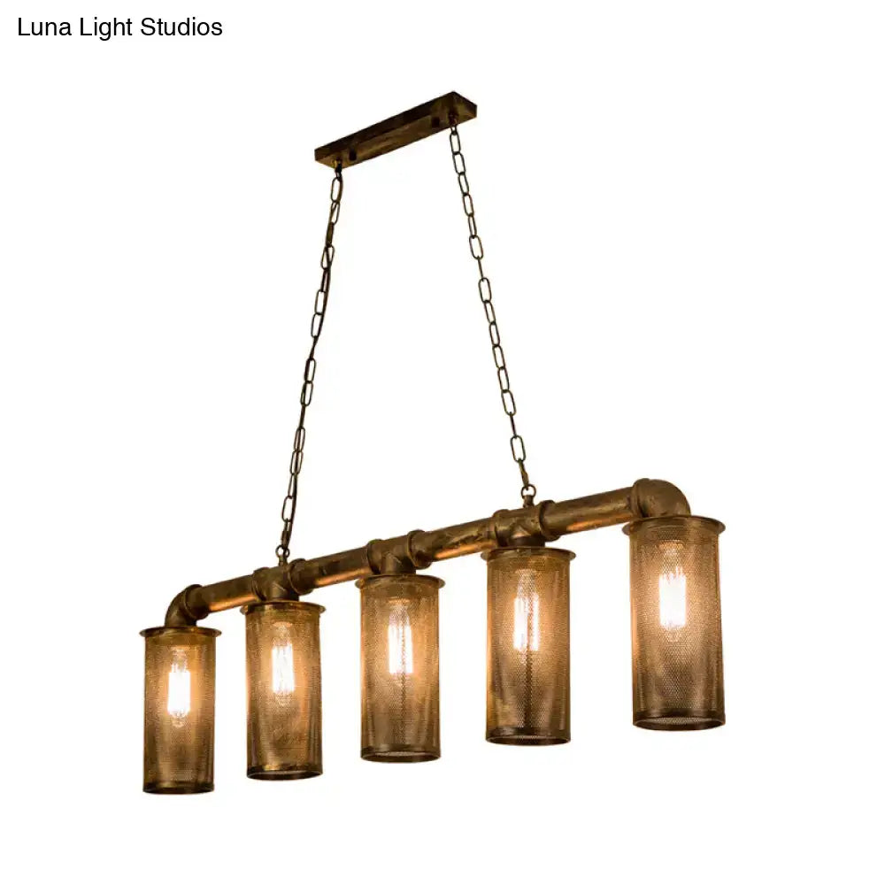 Industrial wrought iron brass pipe pendant light with five amber cylinder shades 110v-120v bulb base for kitchen island