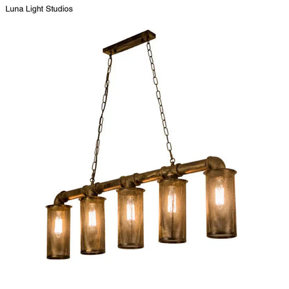 Industrial wrought iron brass pipe pendant light with five amber cylinder shades 110v-120v bulb base for kitchen island