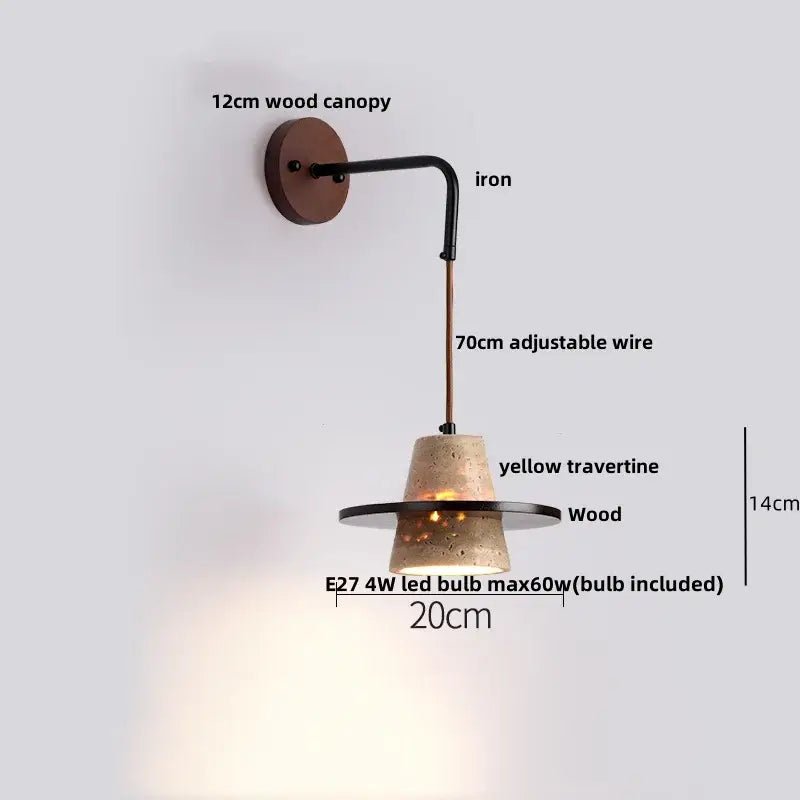 Industrial yellow travertine wall lamp with pull chain switch featuring a wood canopy and adjustable black iron arm